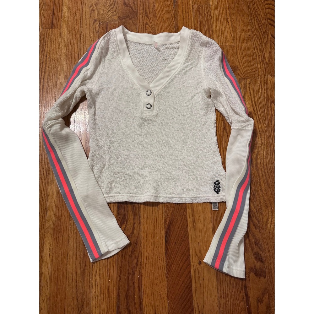 FP Movement Free People White Textured Henley Stripe Long Sleeve Top Small